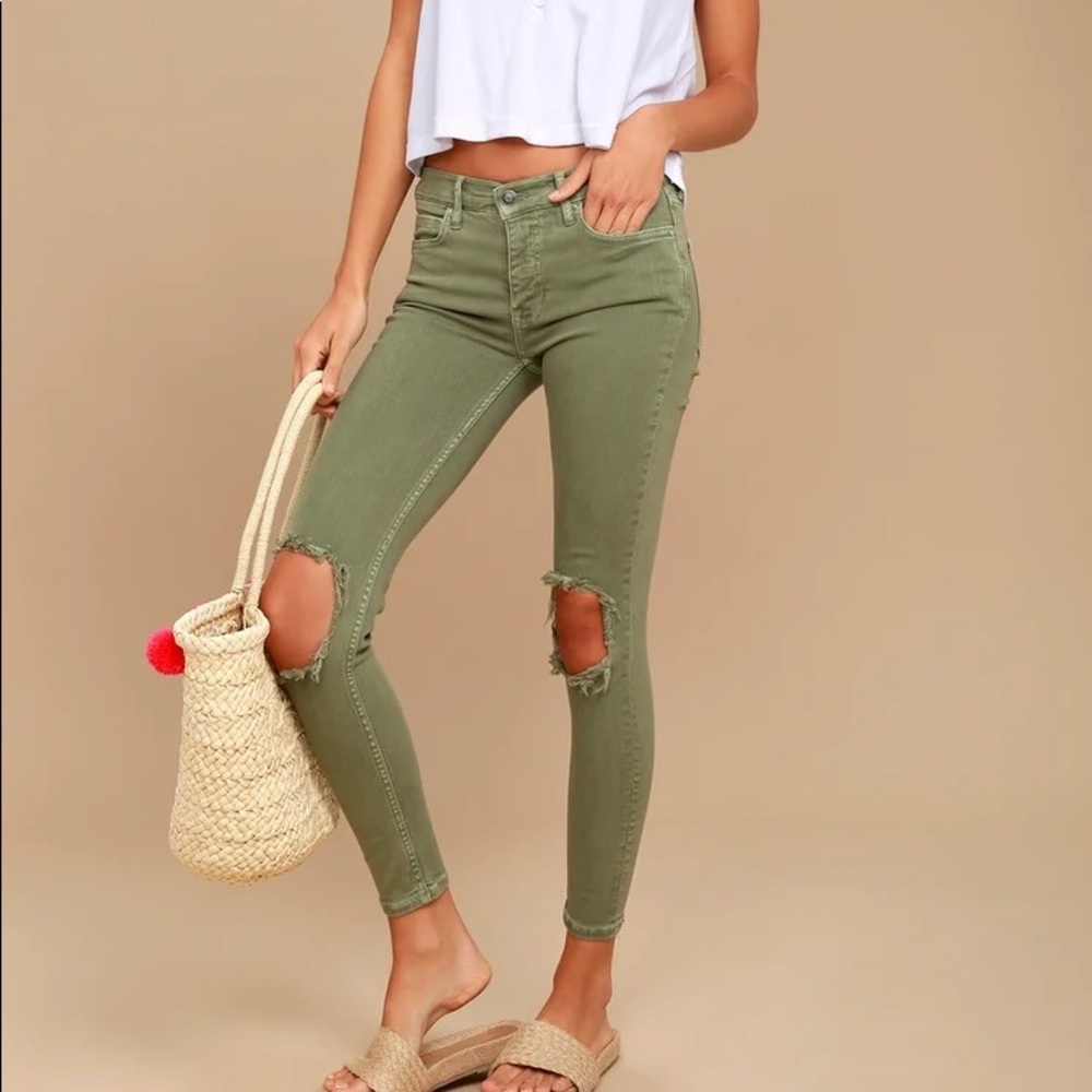 Free People Busted Knee Skinny Ripped Green Jeans NWOT